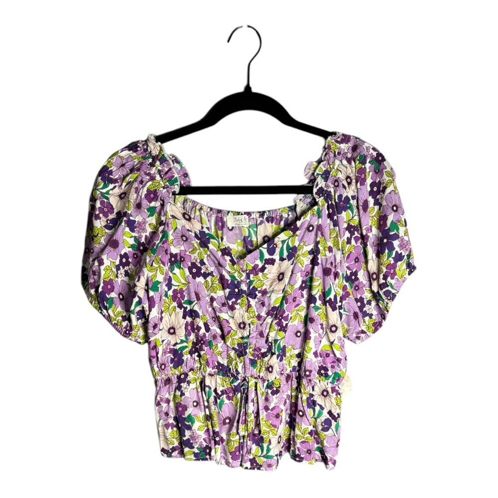 Jolie & Joy Purple Floral Cropped Blouse With Puff Sleeves 1X